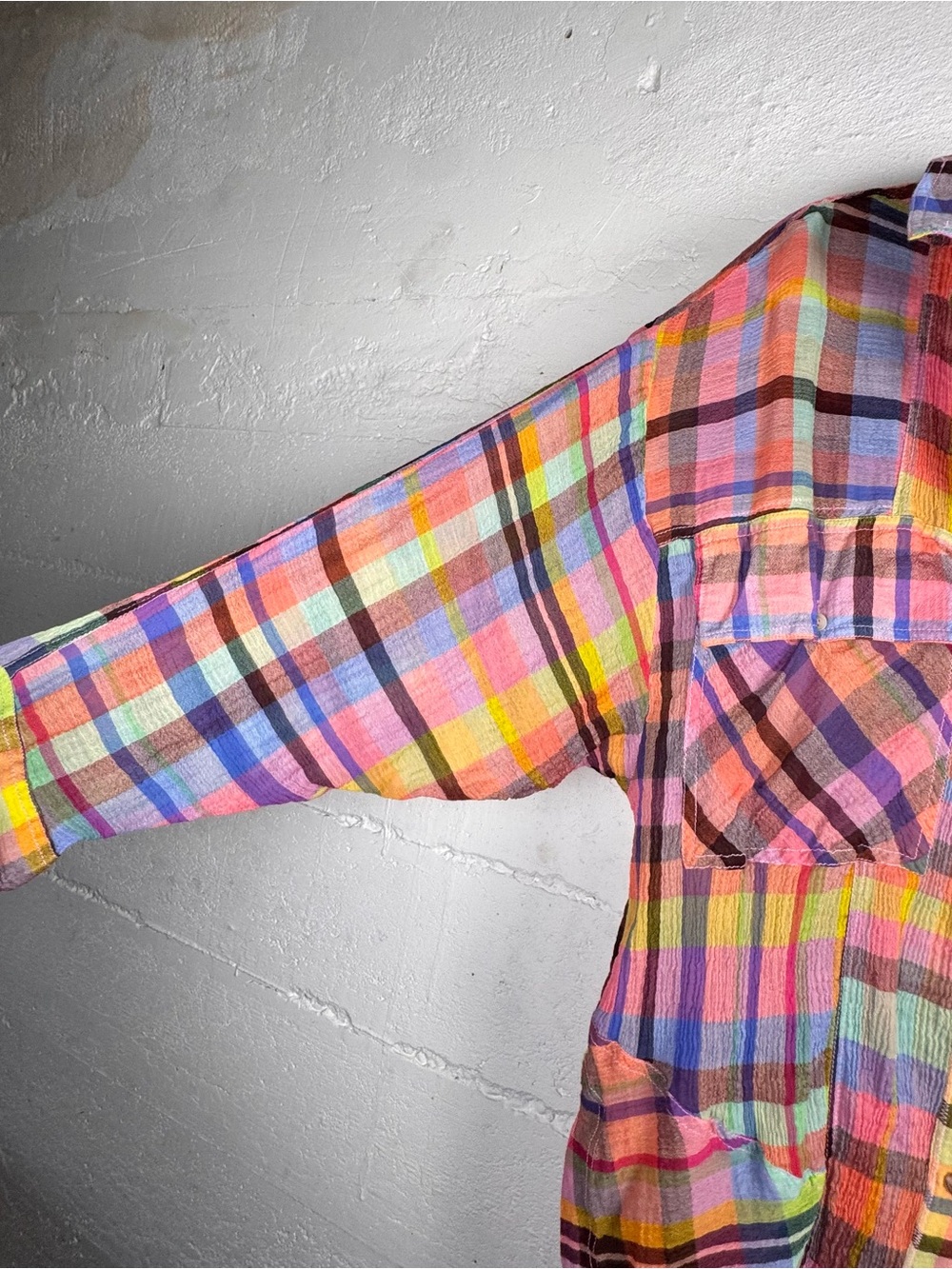 Pilcro Long-Sleeve Mixed Madras Plaid Oversized Buttondown Shirt Medium - Picture 7 of 12